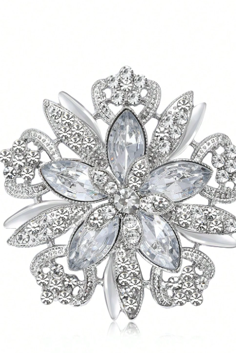 Silver Hollow Flower Brooch Marquise Clear Rhinestone Vintage Floral Lapel Pin Bridal Shawl Clip