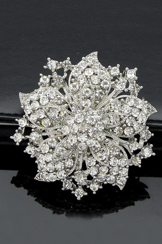 Dense Pave Silver Crystal Flower Statement Brooch
