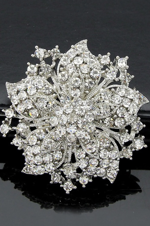 Full Crystal Paved Silver Flower Statement Brooch