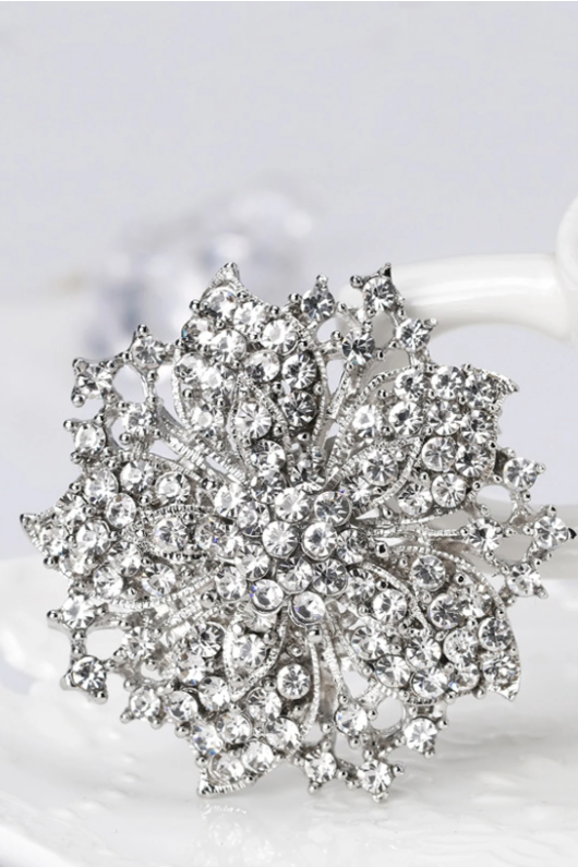 Full Crystal Paved Silver Flower Statement Brooch