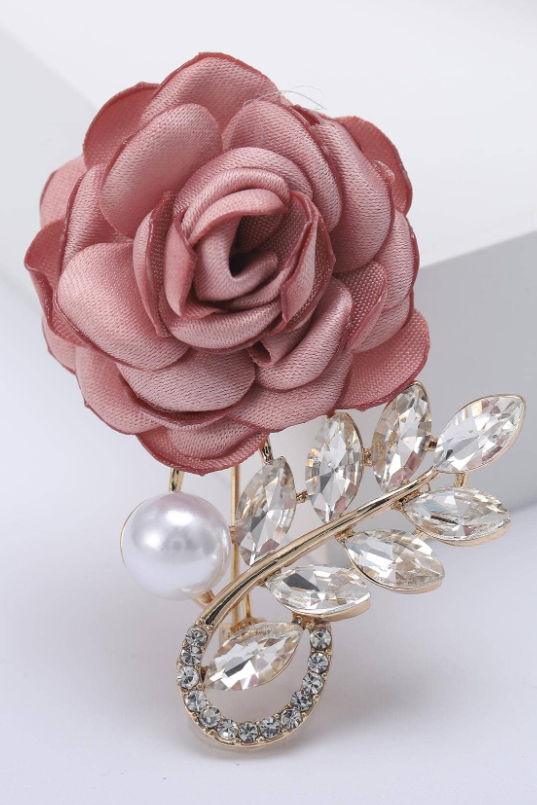 Dusty Rose Fabric Rose Brooch Gold Leaf Crystal Pearl Accent Romantic Floral Lapel Pin
