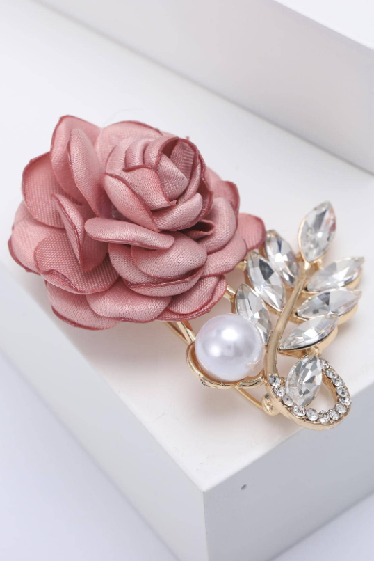 Dusty Rose Fabric Rose Brooch Gold Leaf Crystal Pearl Accent Romantic Floral Lapel Pin