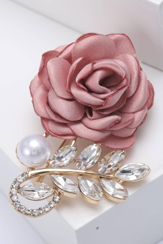Dusty Rose Fabric Rose Brooch Gold Leaf Crystal Pearl Accent Romantic Floral Lapel Pin
