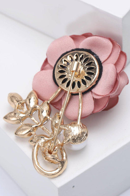 Dusty Rose Fabric Rose Brooch Gold Leaf Crystal Pearl Accent Romantic Floral Lapel Pin