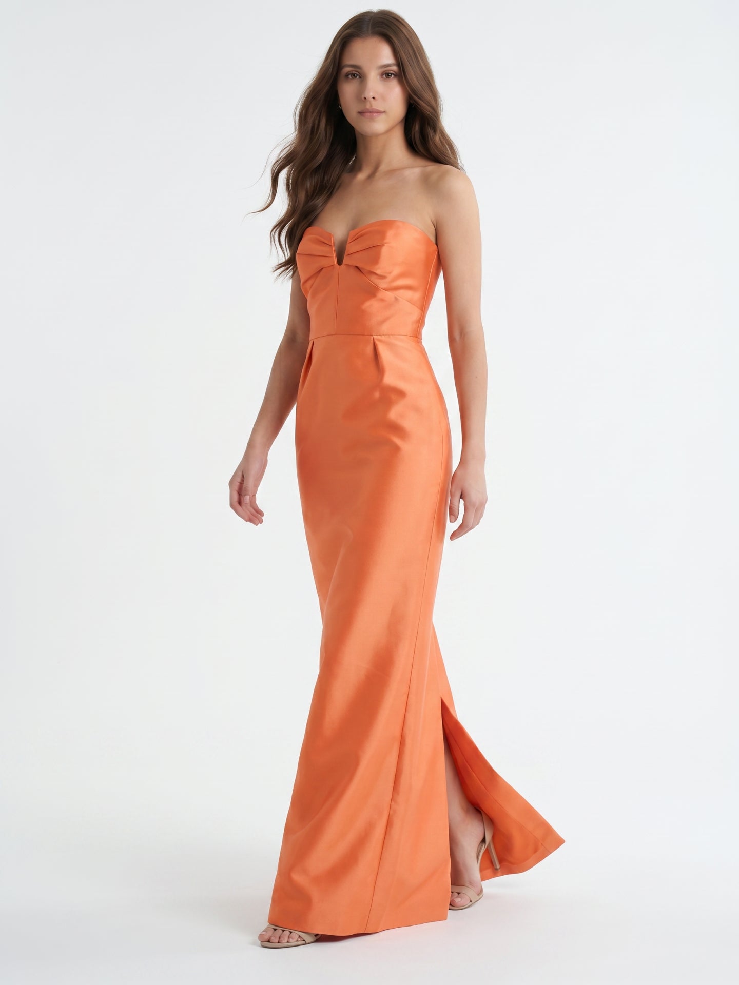 Sculpted Orange Satin Sheath Sweetheart Backless Floor-Length Bridesmaid Dress with Pleats