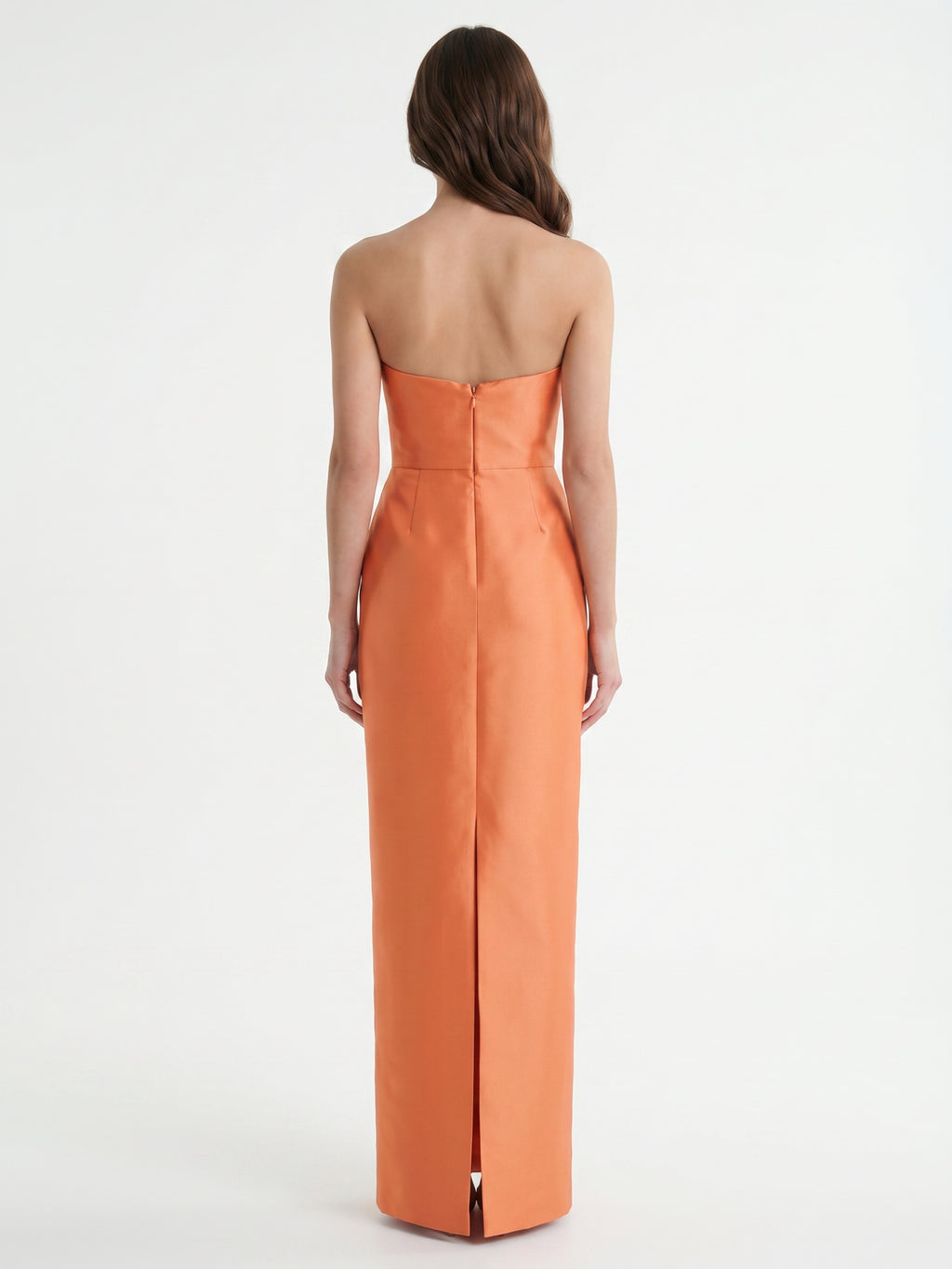Sculpted Orange Satin Sheath Sweetheart Backless Floor-Length Bridesmaid Dress with Pleats