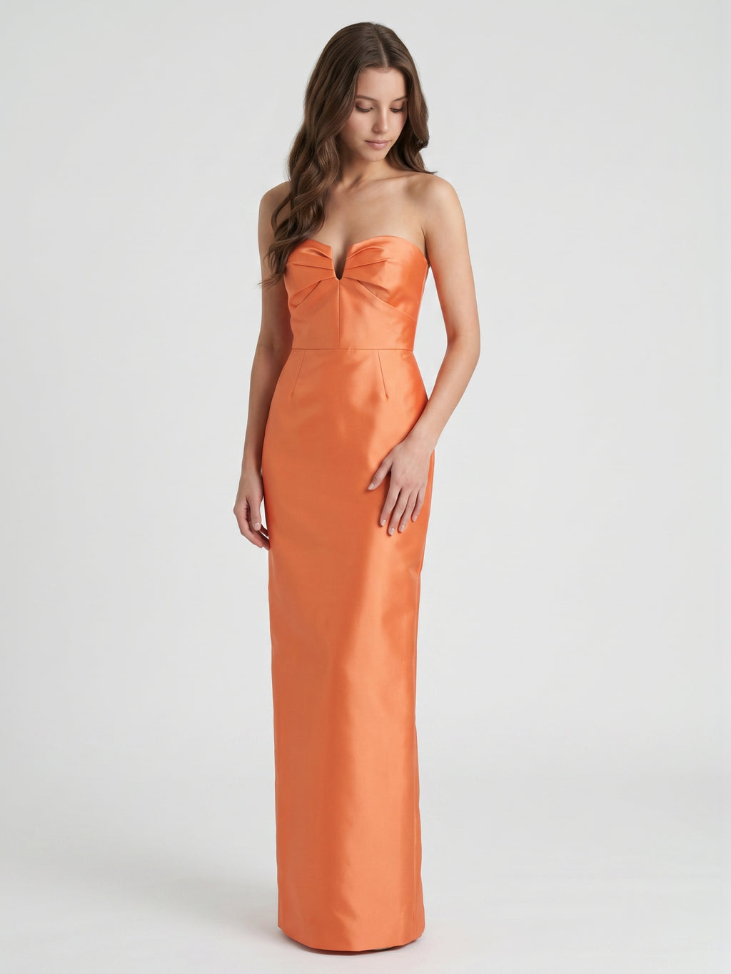 Sculpted Orange Satin Sheath Sweetheart Backless Floor-Length Bridesmaid Dress with Pleats