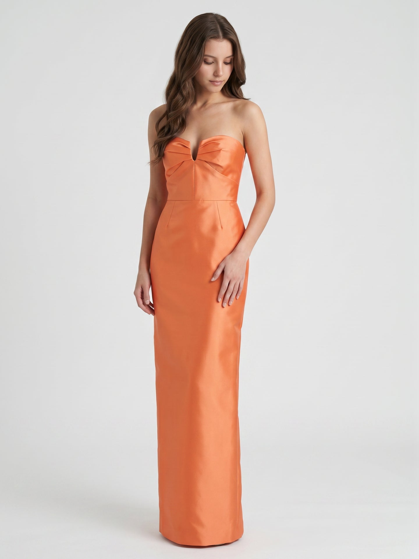 Sculpted Orange Satin Sheath Sweetheart Backless Floor-Length Bridesmaid Dress with Pleats
