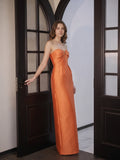 Sculpted Orange Satin Sheath Sweetheart Backless Floor-Length Bridesmaid Dress with Pleats