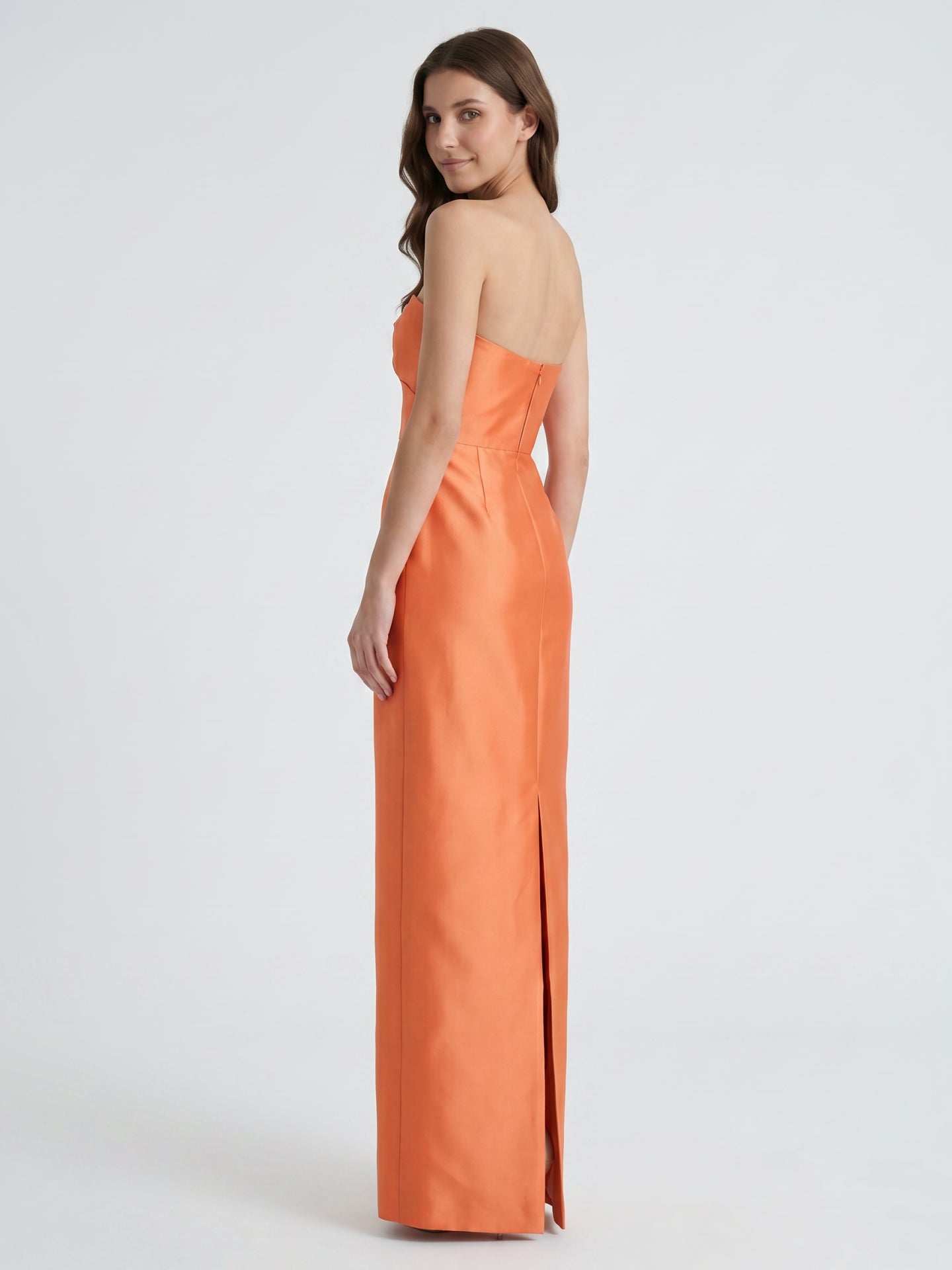 Sculpted Orange Satin Sheath Sweetheart Backless Floor-Length Bridesmaid Dress with Pleats