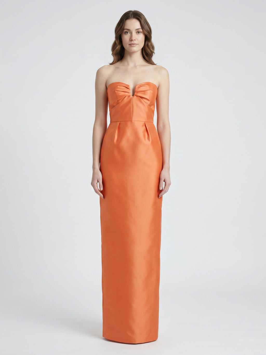 Sculpted Orange Satin Sheath Sweetheart Backless Floor-Length Bridesmaid Dress with Pleats