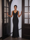 Sexy Black Chiffon Black V-Neck Ankle-Length Bridesmaid Dress