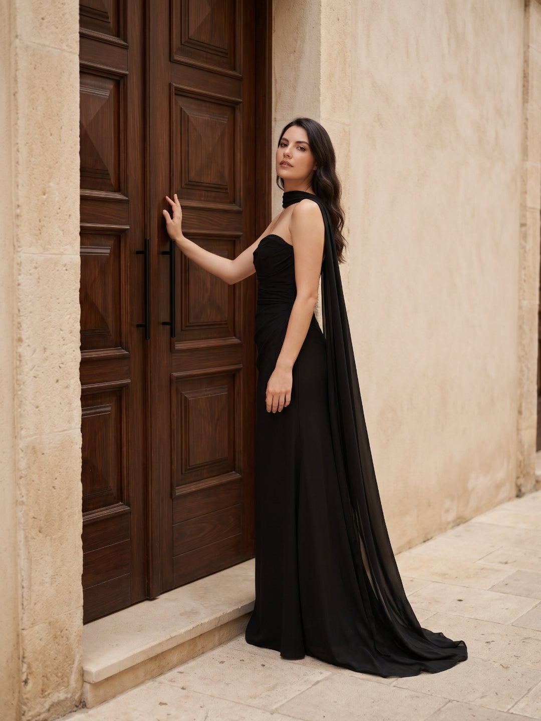 Sexy Black Chiffon column Straight Neck Backless with Pleated Ankle-Length Bridesmaid Dress