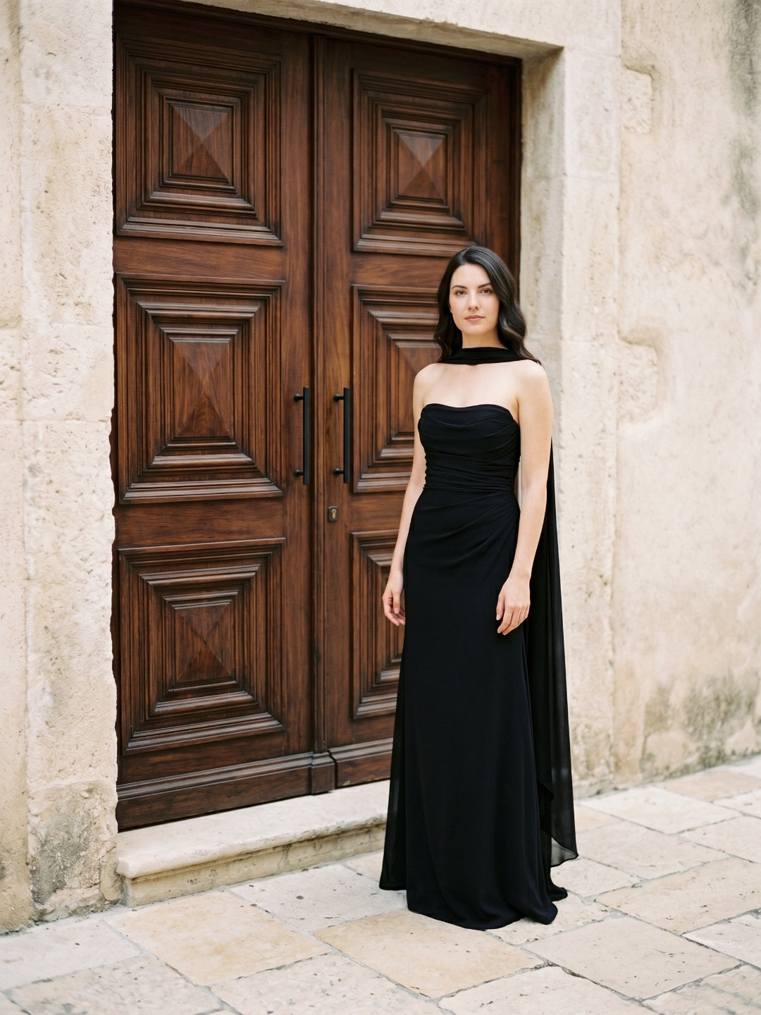 Sexy Black Chiffon column Straight Neck Backless with Pleated Ankle-Length Bridesmaid Dress