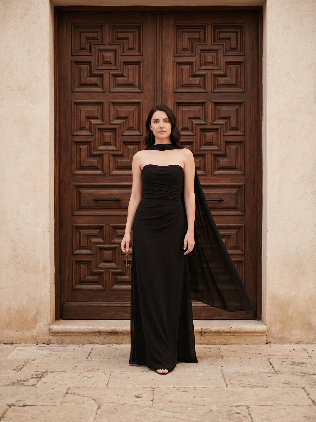 Sexy Black Chiffon column Straight Neck Backless with Pleated Ankle-Length Bridesmaid Dress