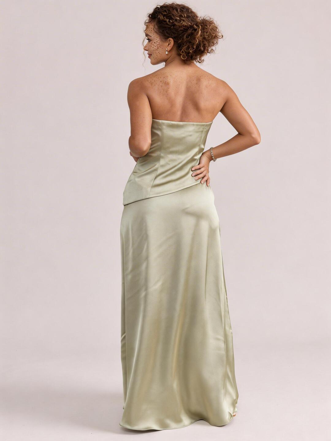 Simple Dusty Sage Satin Sheath Off-the-Shoulder Backless Ankle-Length Bridesmaid Dress