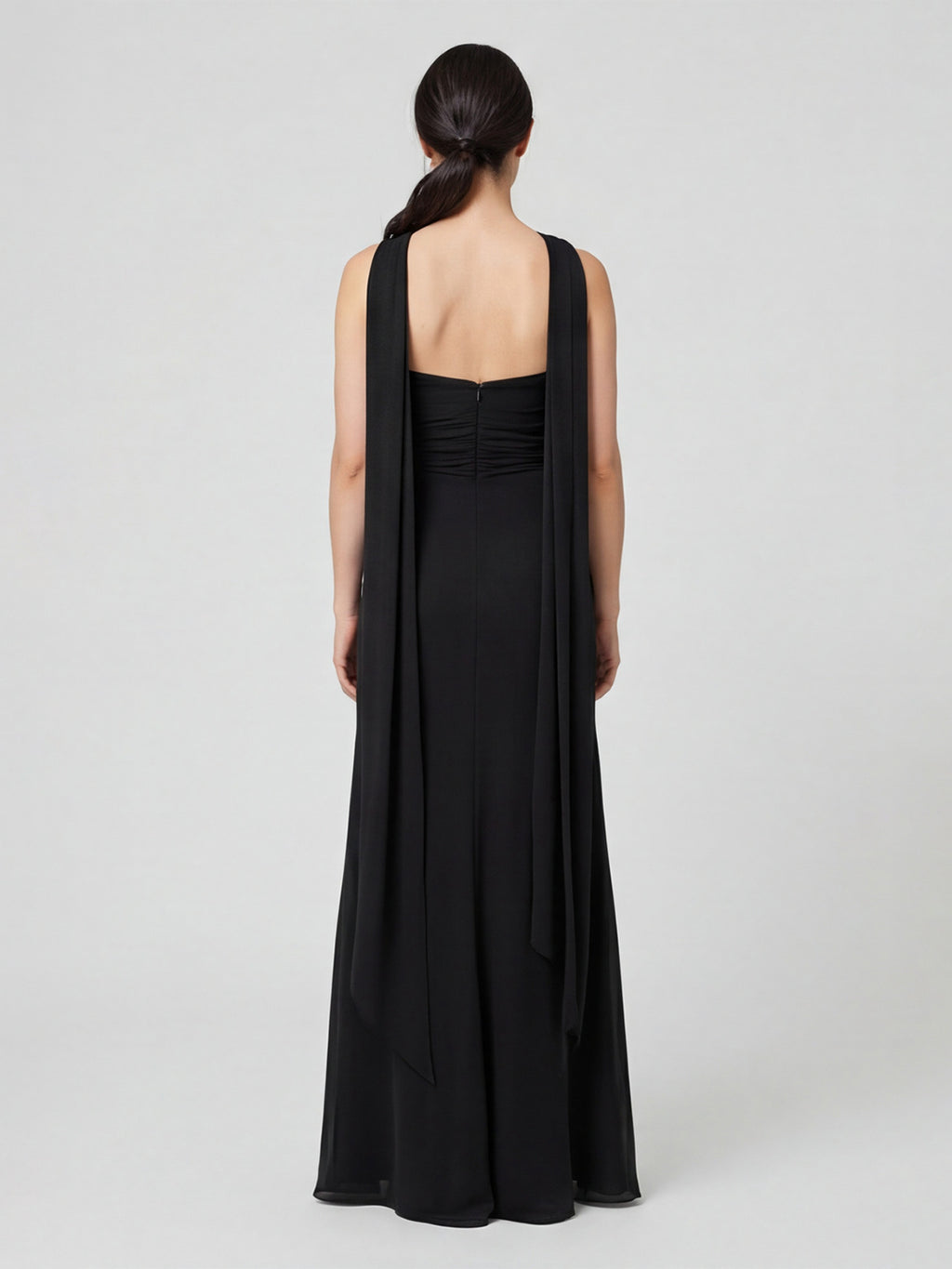 Sexy Black Chiffon column Straight Neck Backless with Pleated Ankle-Length Bridesmaid Dress