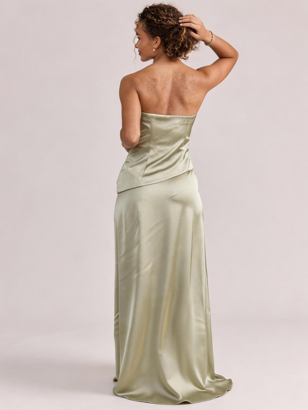 Simple Dusty Sage Satin Sheath Off-the-Shoulder Backless Ankle-Length Bridesmaid Dress
