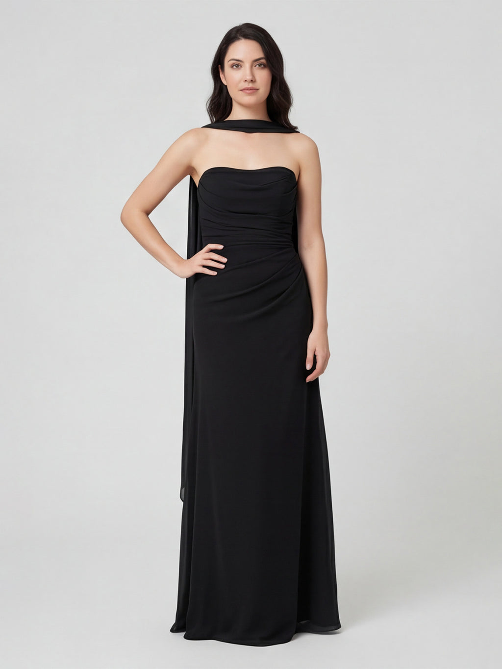 Sexy Black Chiffon column Straight Neck Backless with Pleated Ankle-Length Bridesmaid Dress