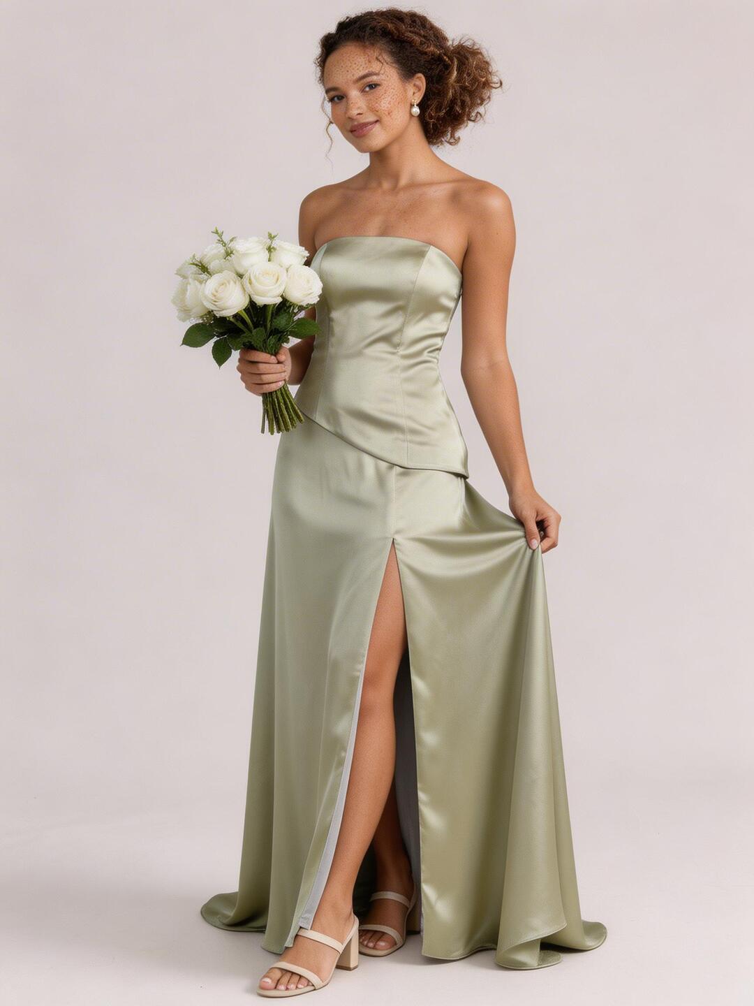 Simple Dusty Sage Satin Sheath Off-the-Shoulder Backless Ankle-Length Bridesmaid Dress
