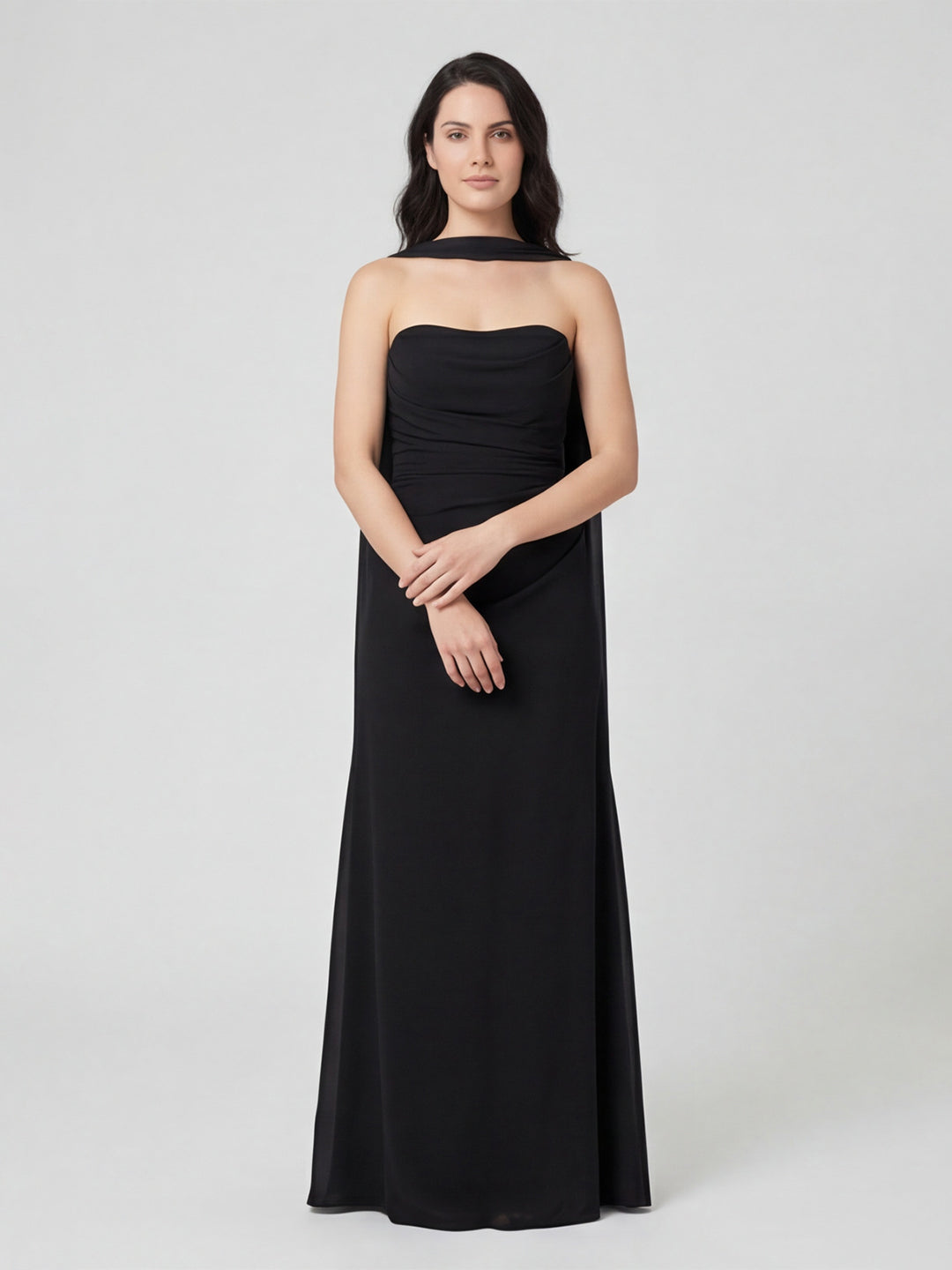 Sexy Black Chiffon column Straight Neck Backless with Pleated Ankle-Length Bridesmaid Dress