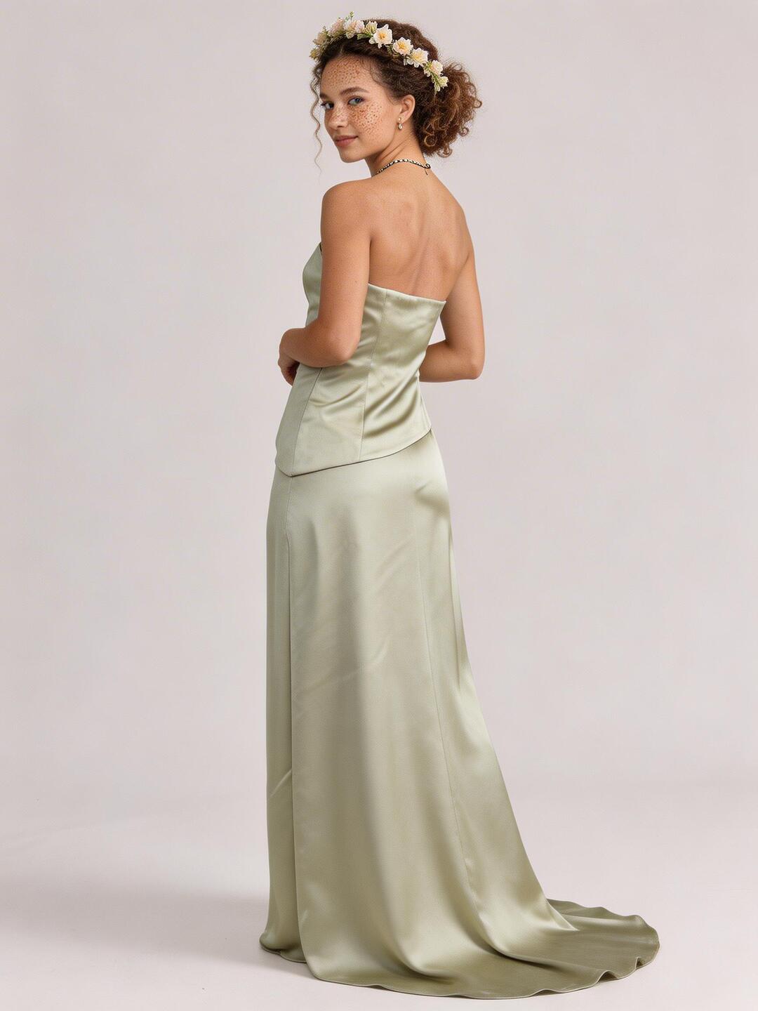 Simple Dusty Sage Satin Sheath Off-the-Shoulder Backless Ankle-Length Bridesmaid Dress