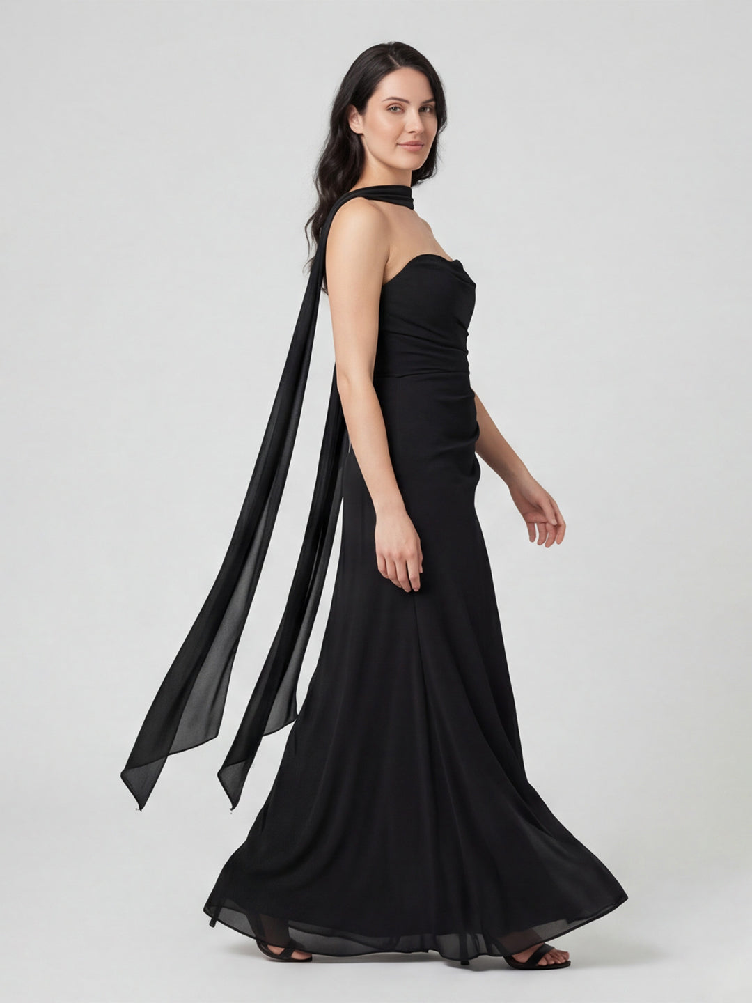 Sexy Black Chiffon column Straight Neck Backless with Pleated Ankle-Length Bridesmaid Dress