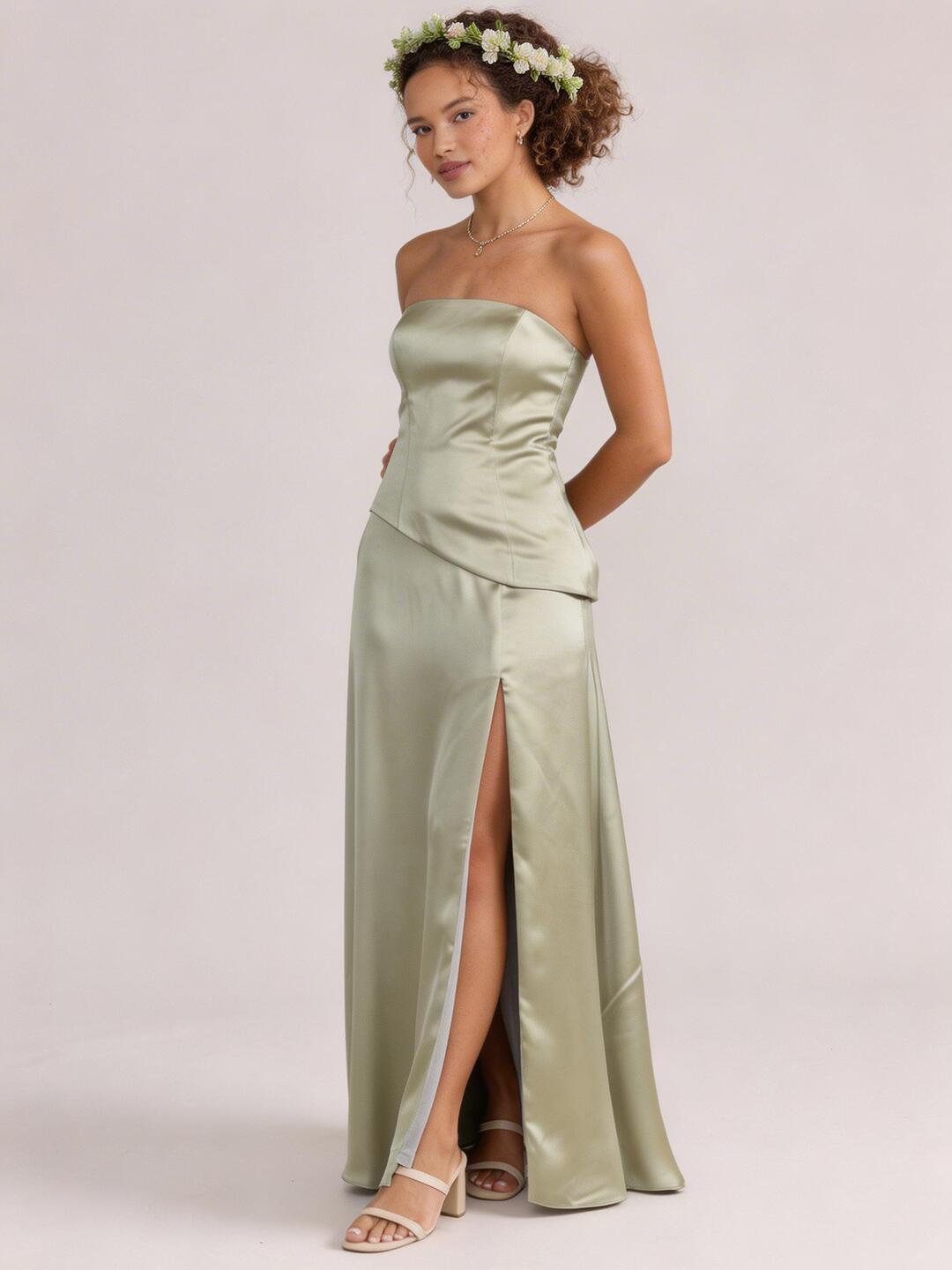 Simple Dusty Sage Satin Sheath Off-the-Shoulder Backless Ankle-Length Bridesmaid Dress