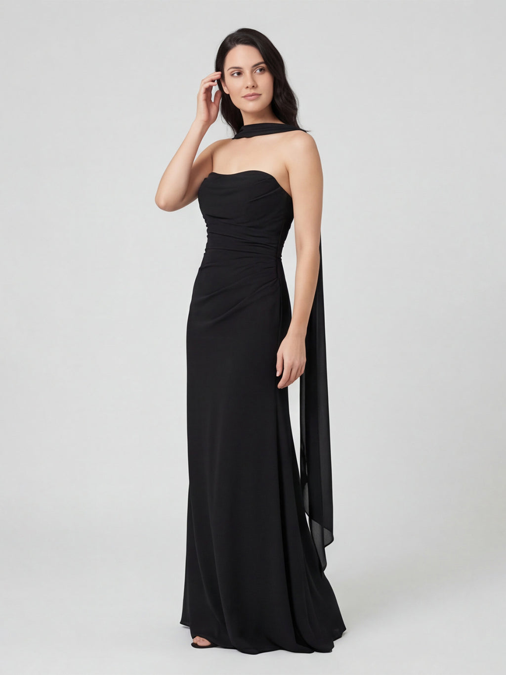 Sexy Black Chiffon column Straight Neck Backless with Pleated Ankle-Length Bridesmaid Dress