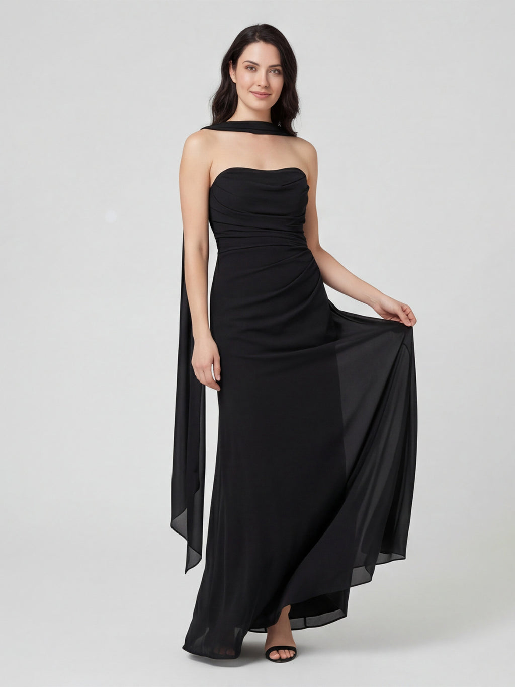 Sexy Black Chiffon column Straight Neck Backless with Pleated Ankle-Length Bridesmaid Dress