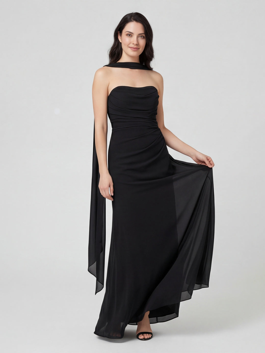 Sexy Black Chiffon column Straight Neck Backless with Pleated Ankle-Length Bridesmaid Dress