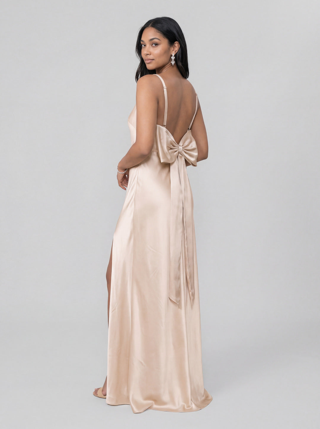 Sexy Champagne Satin Sheath Square Neck Backless BowDetail Ankle-Length Bridesmaid Dress
