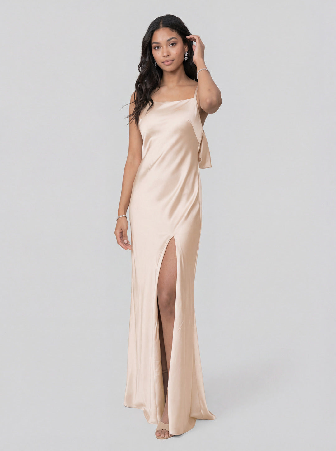 Sexy Champagne Satin Sheath Square Neck Backless BowDetail Ankle-Length Bridesmaid Dress