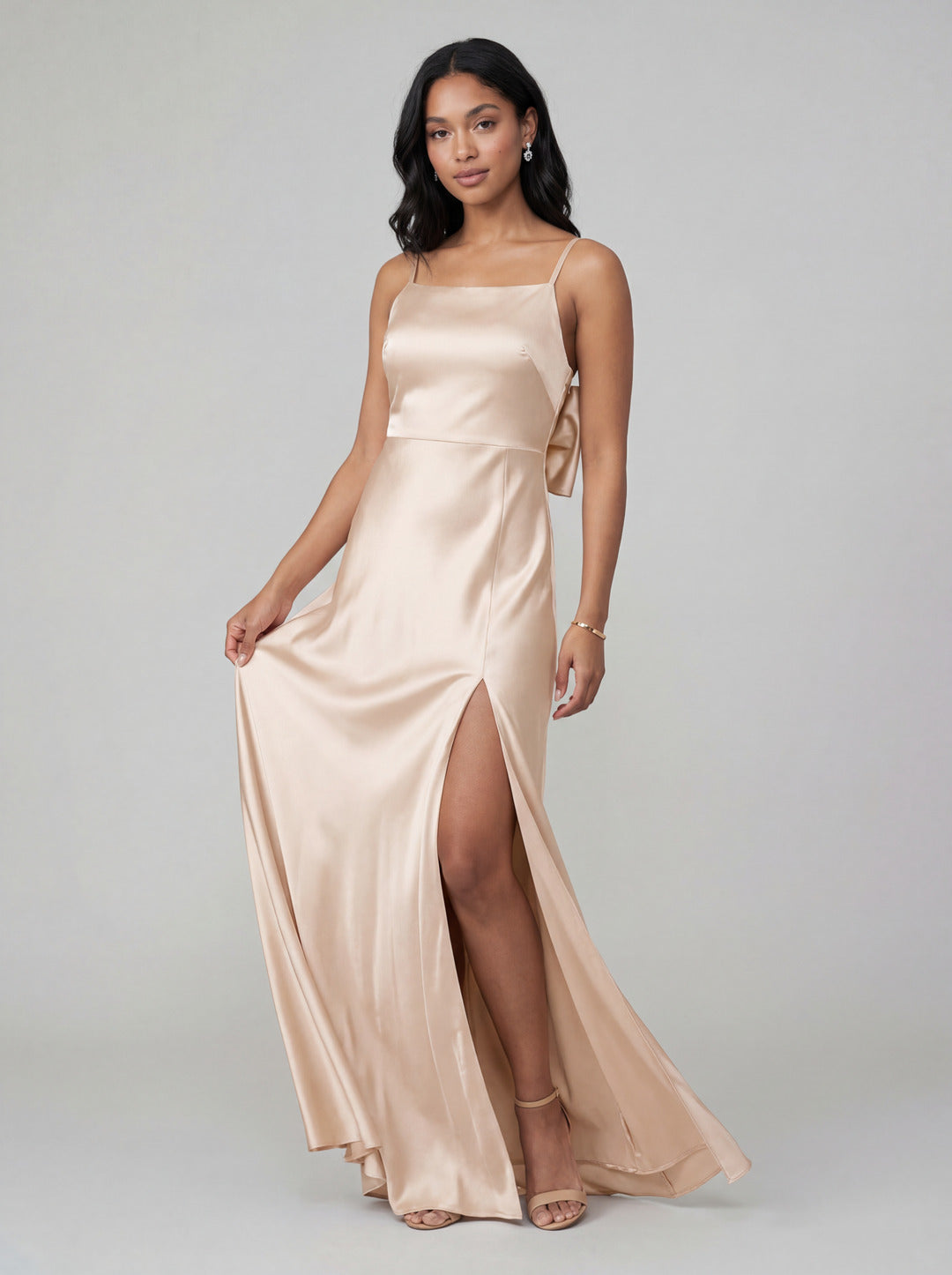 Sexy Champagne Satin Sheath Square Neck Backless BowDetail Ankle-Length Bridesmaid Dress