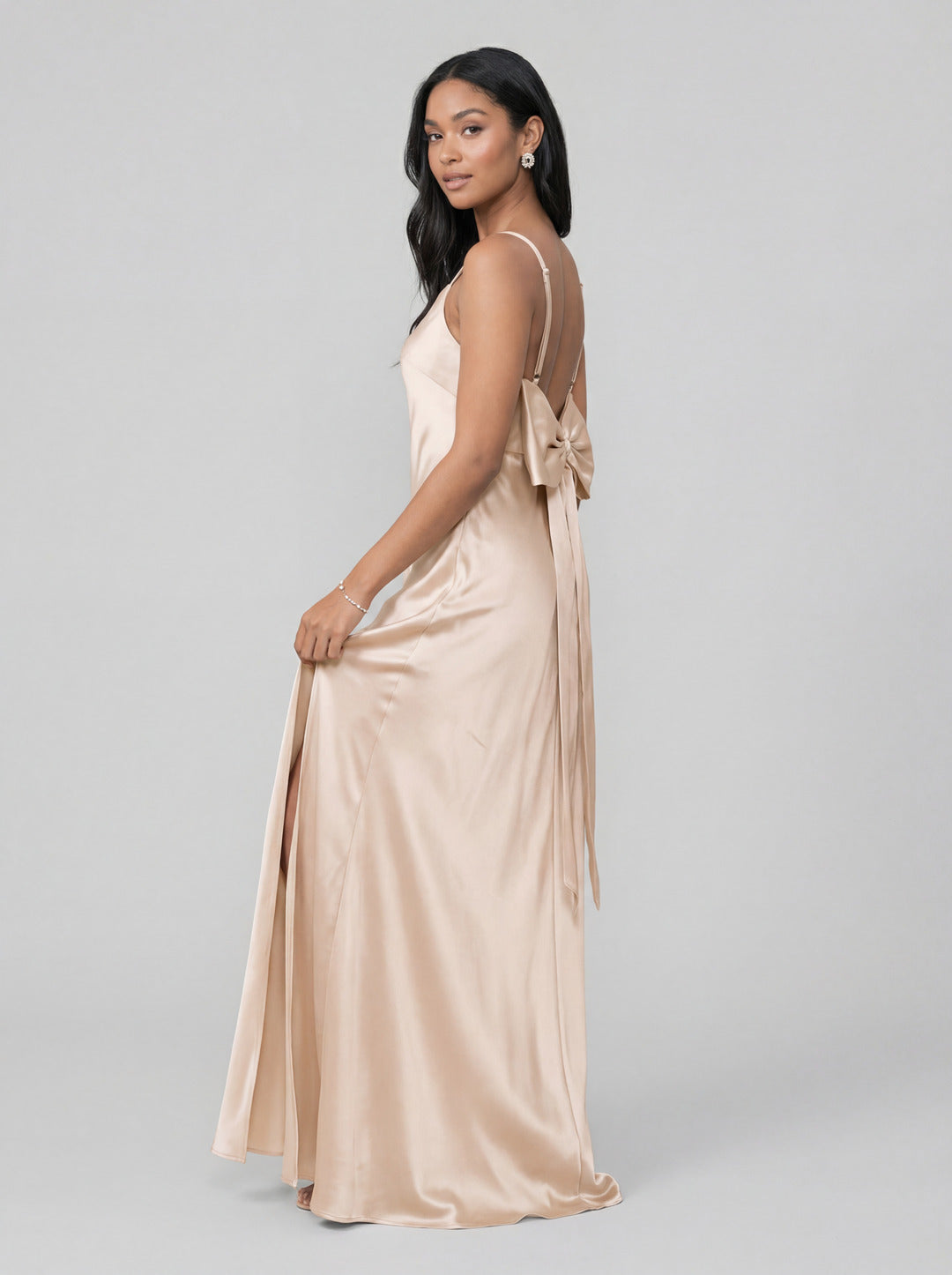 Sexy Champagne Satin Sheath Square Neck Backless BowDetail Ankle-Length Bridesmaid Dress