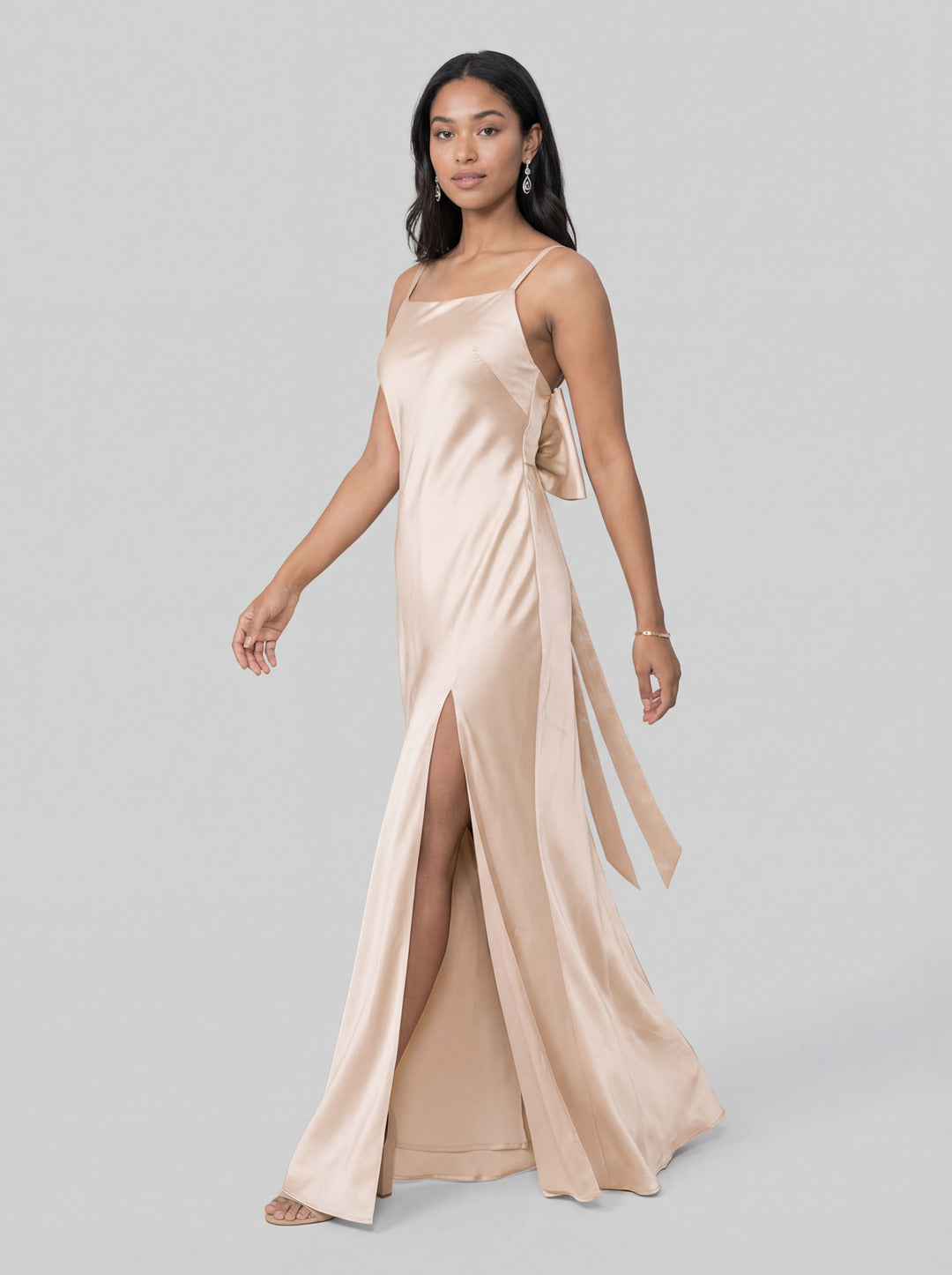 Sexy Champagne Satin Sheath Square Neck Backless BowDetail Ankle-Length Bridesmaid Dress