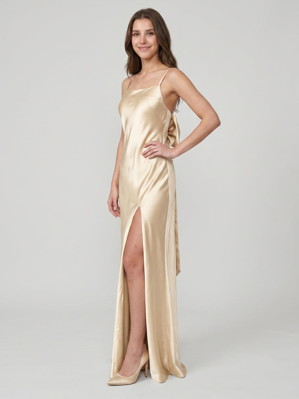 Sexy Champagne Satin Sheath Square Neck Backless BowDetail Ankle-Length Bridesmaid Dress