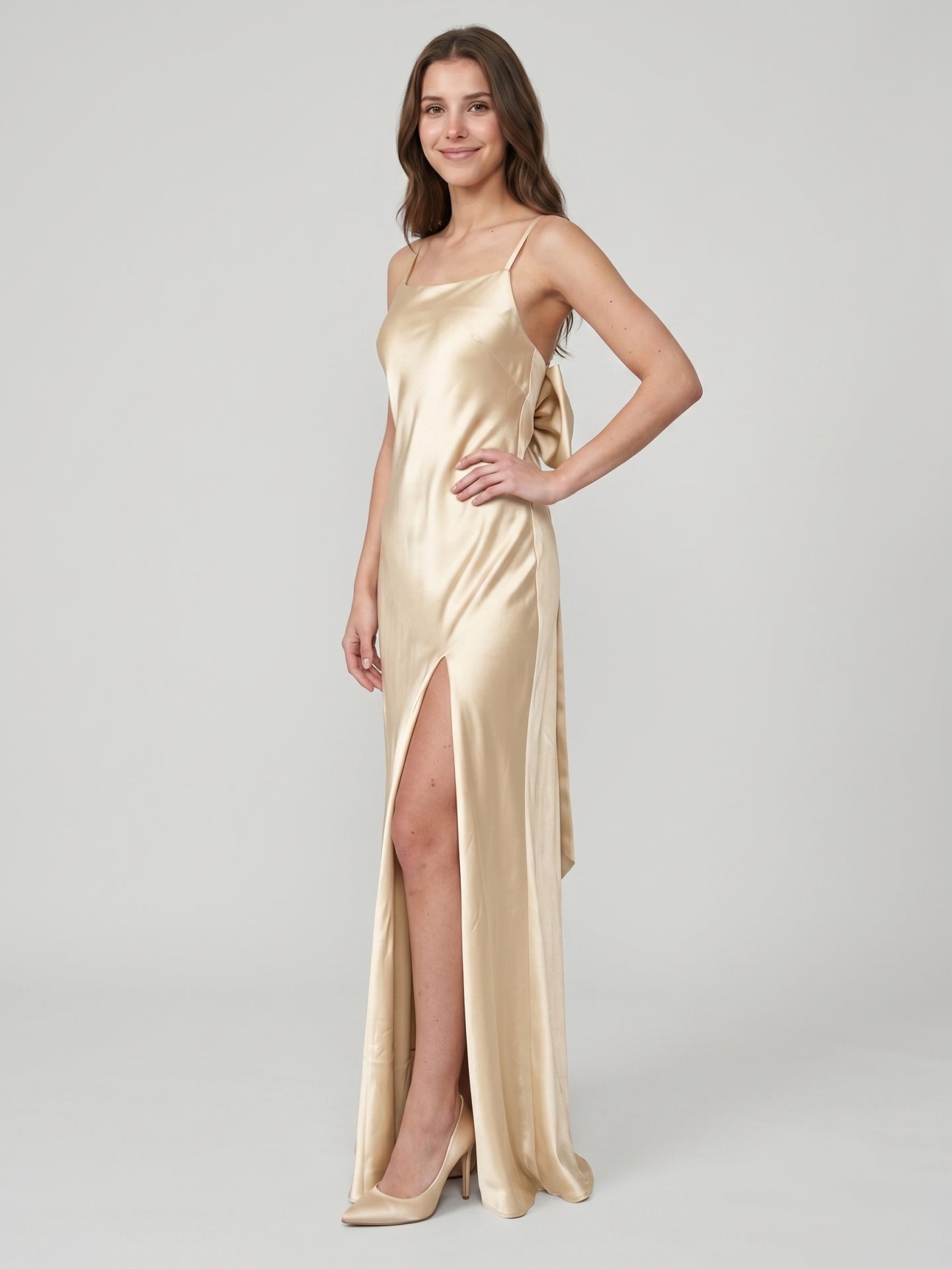 Sexy Champagne Satin Sheath Square Neck Backless BowDetail Ankle-Length Bridesmaid Dress
