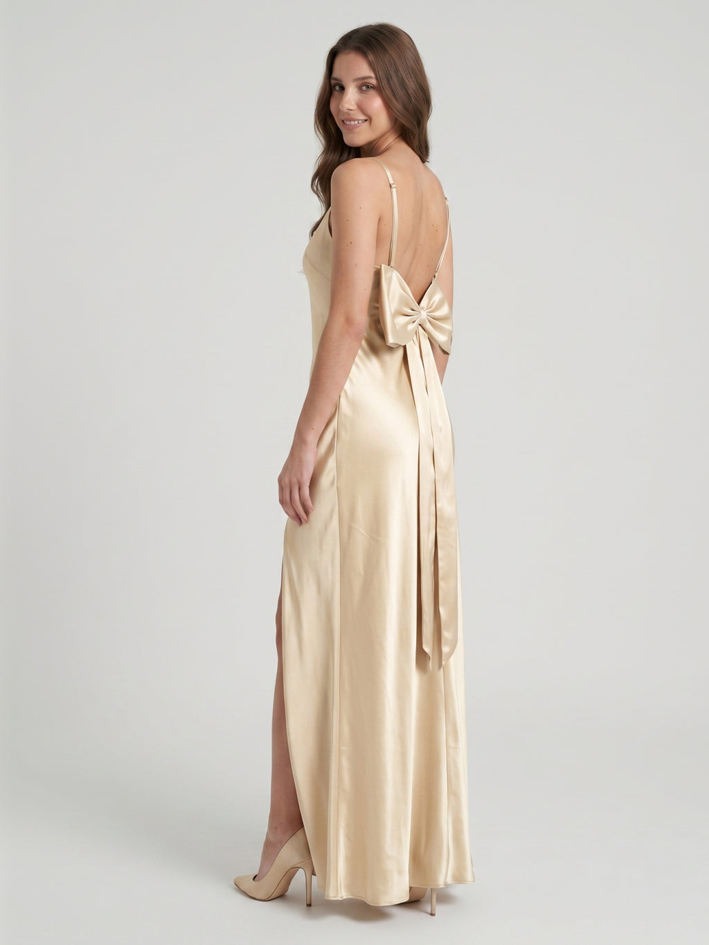 Sexy Champagne Satin Sheath Square Neck Backless BowDetail Ankle-Length Bridesmaid Dress