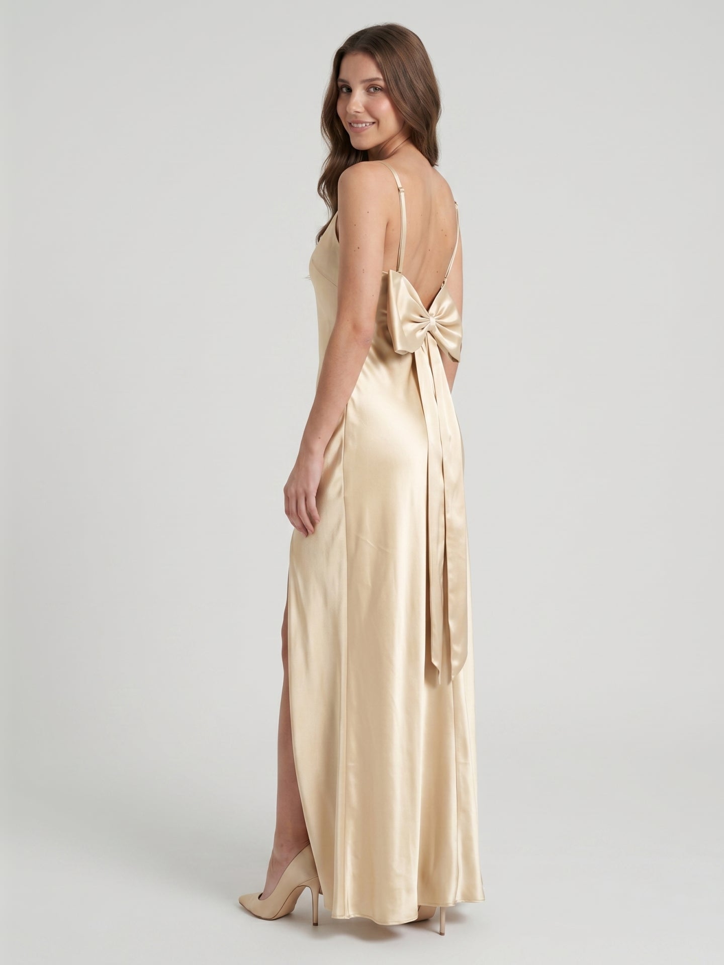 Sexy Champagne Satin Sheath Square Neck Backless BowDetail Ankle-Length Bridesmaid Dress