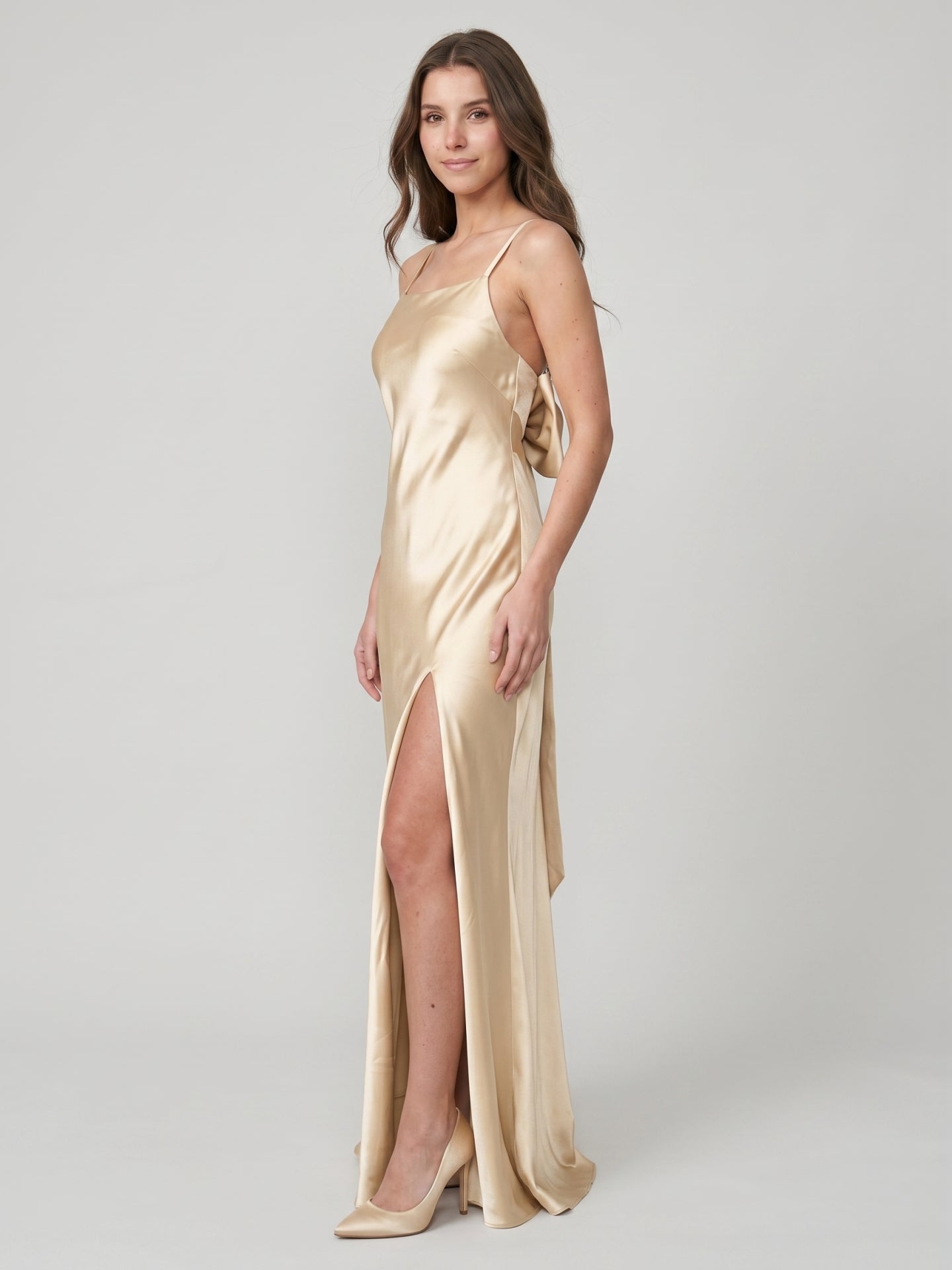 Sexy Champagne Satin Sheath Square Neck Backless BowDetail Ankle-Length Bridesmaid Dress