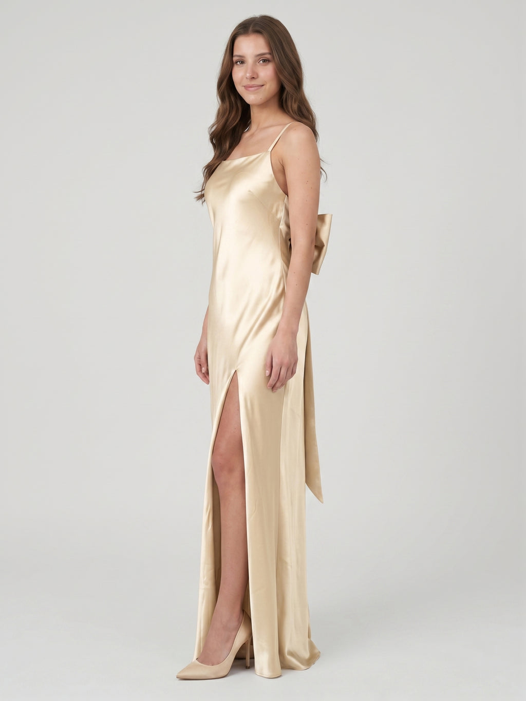 Sexy Champagne Satin Sheath Square Neck Backless BowDetail Ankle-Length Bridesmaid Dress