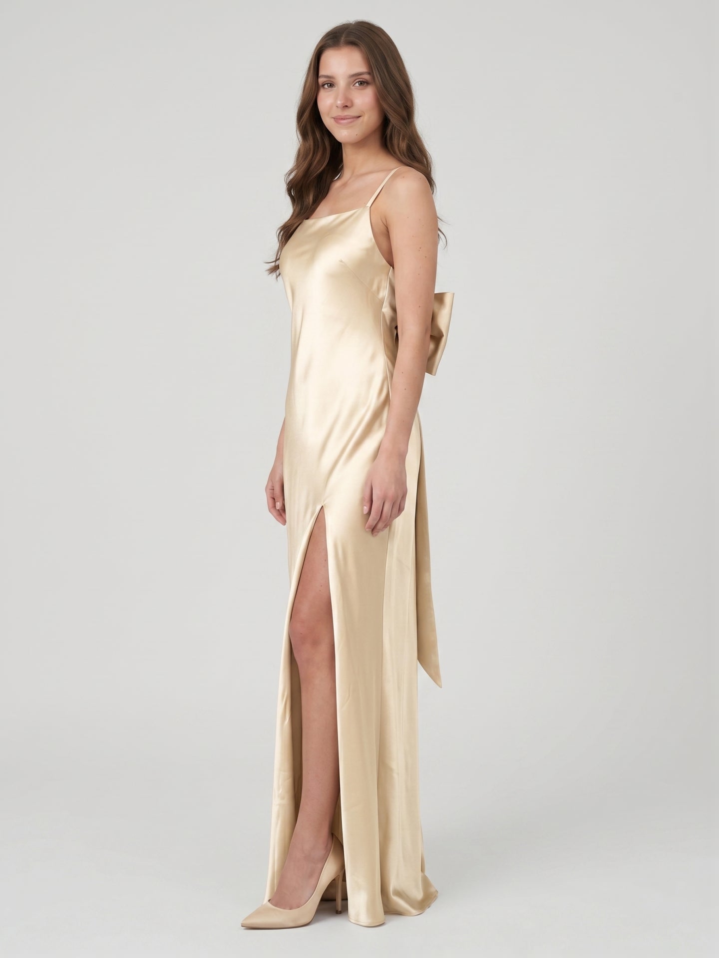 Sexy Champagne Satin Sheath Square Neck Backless BowDetail Ankle-Length Bridesmaid Dress