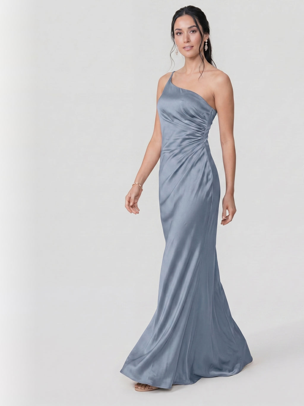 Sexy Dusty Blue Satin Trumpet One Shoulder Backless PleatedDetail Bridesmaid Dress