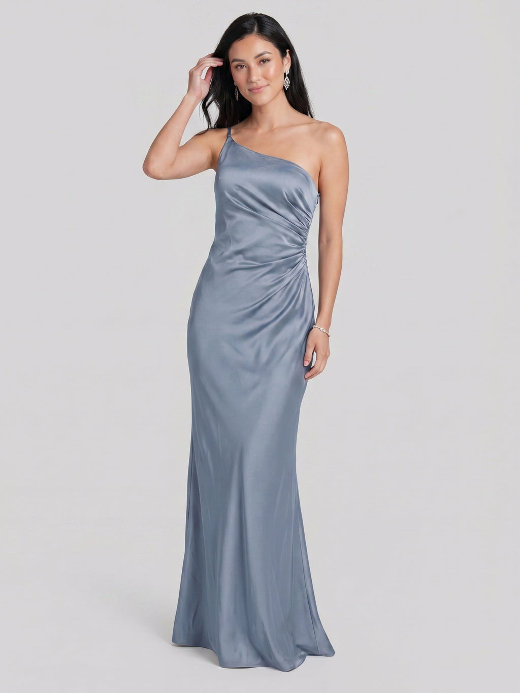 Sexy Dusty Blue Satin Trumpet One Shoulder Backless PleatedDetail Bridesmaid Dress