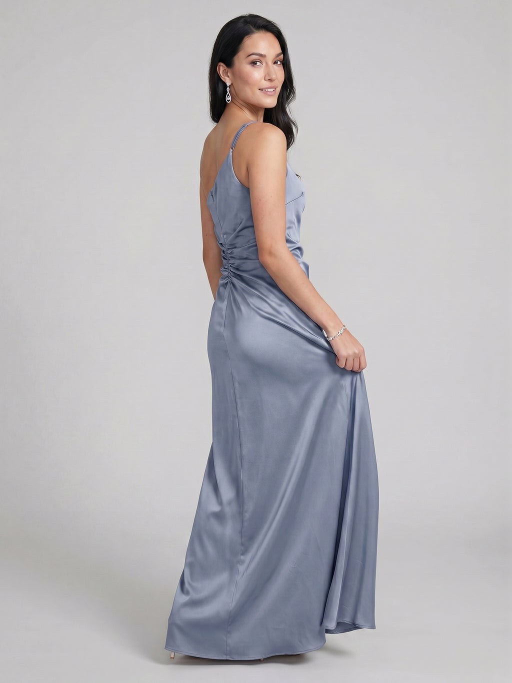Sexy Dusty Blue Satin Trumpet One Shoulder Backless PleatedDetail Bridesmaid Dress