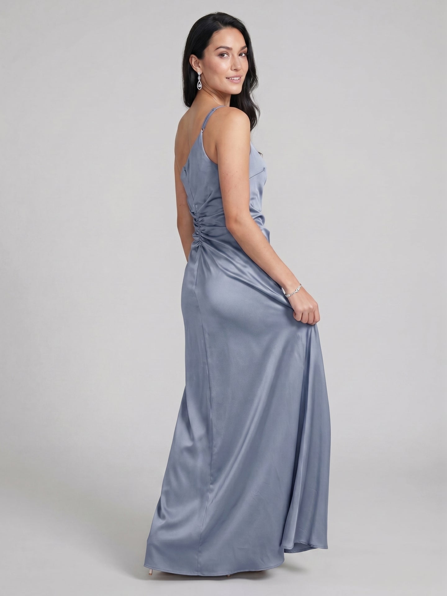 Sexy Dusty Blue Satin Trumpet One Shoulder Backless PleatedDetail Bridesmaid Dress