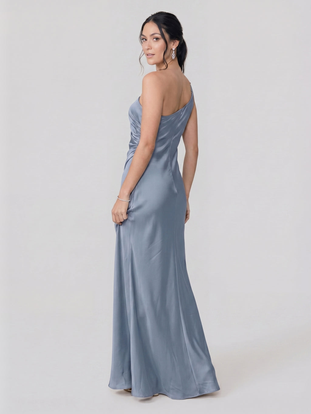 Sexy Dusty Blue Satin Trumpet One Shoulder Backless PleatedDetail Bridesmaid Dress