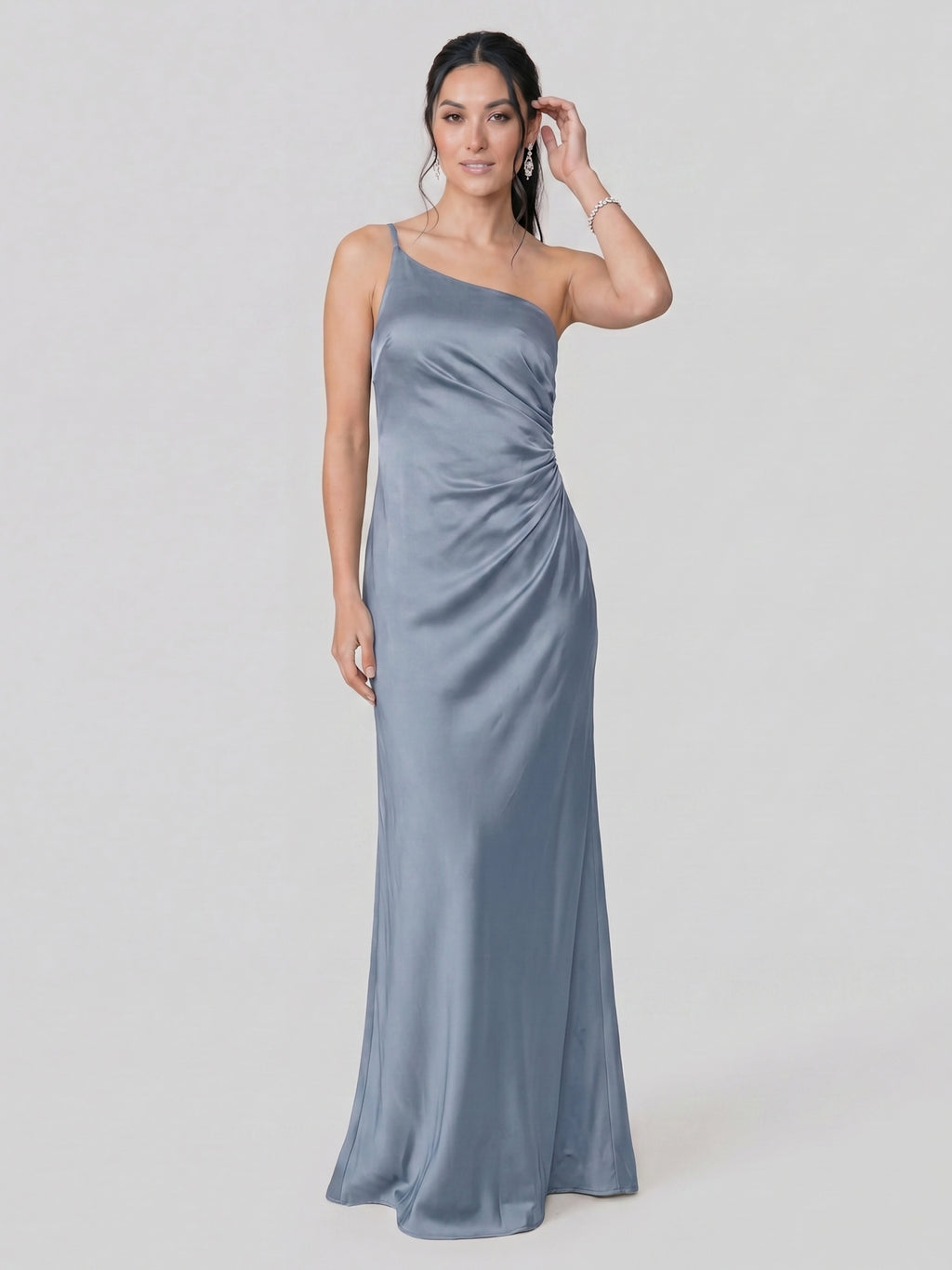 Sexy Dusty Blue Satin Trumpet One Shoulder Backless PleatedDetail Bridesmaid Dress