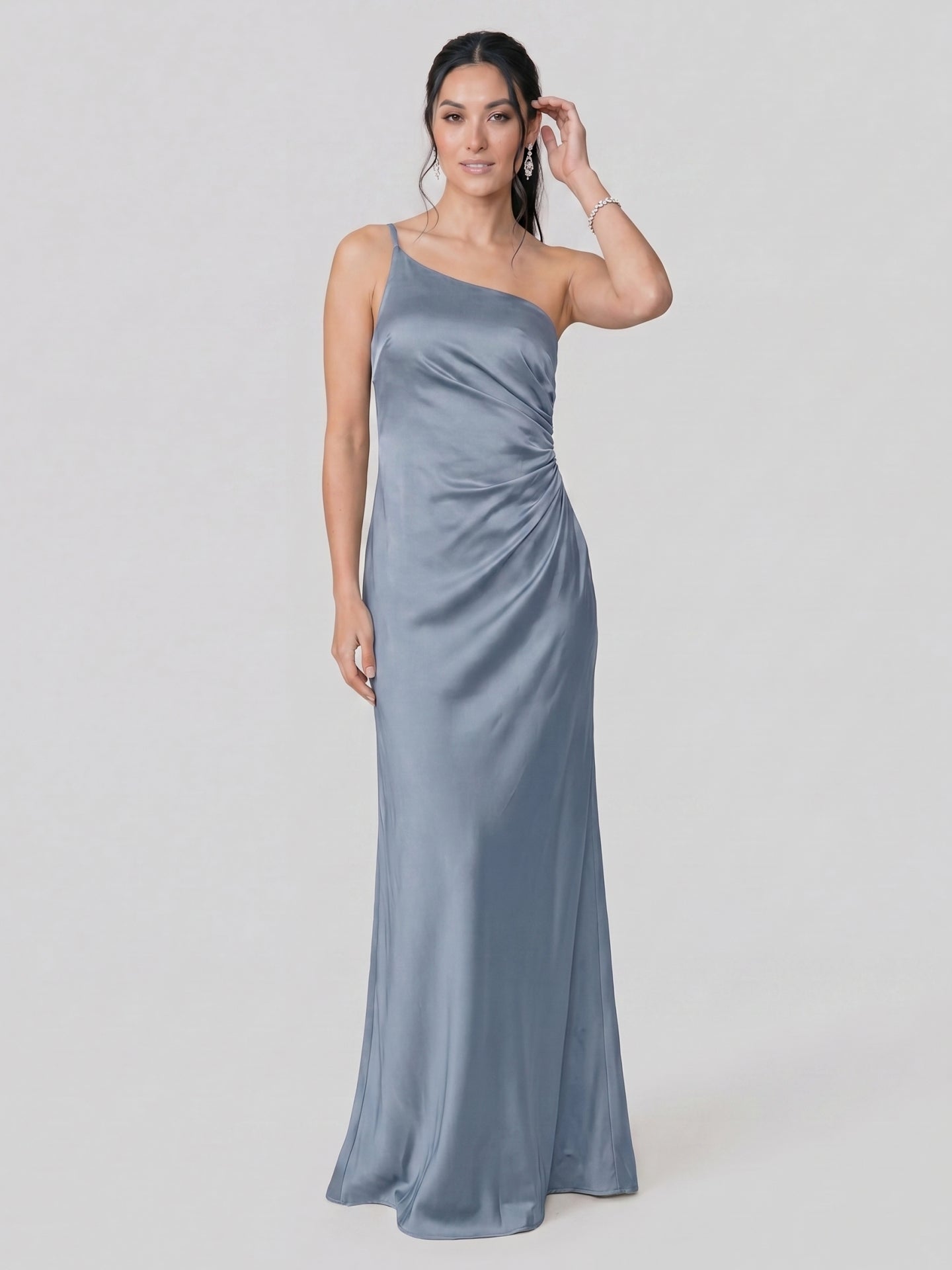 Sexy Dusty Blue Satin Trumpet One Shoulder Backless PleatedDetail Bridesmaid Dress